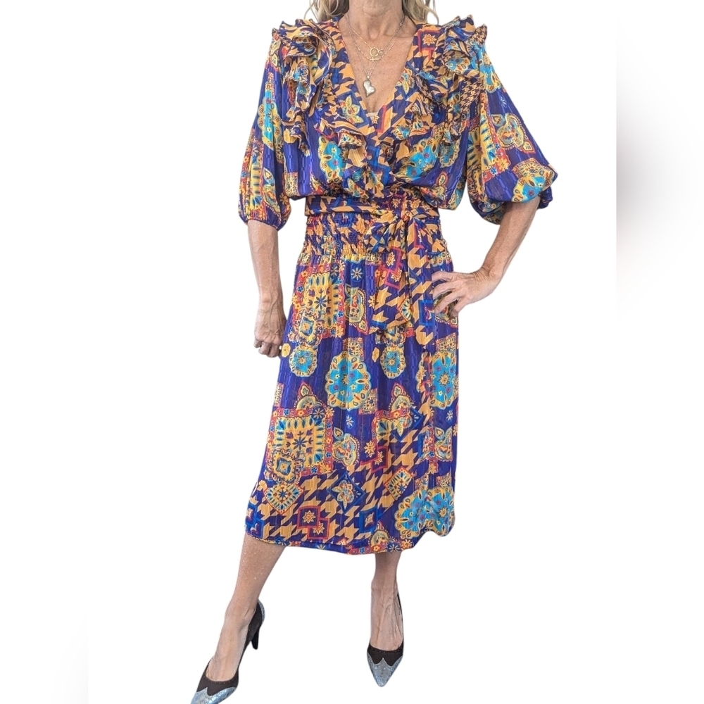 Vintage Mosaic Boho Midi Dress Ruffle V-Neck Puff Sleeve Geometric Print